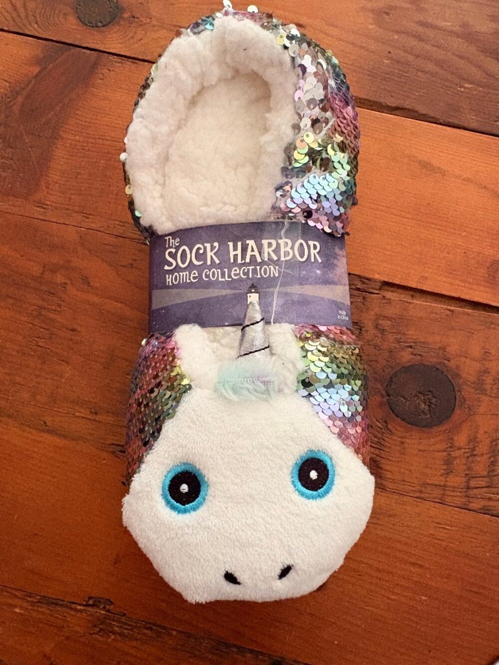 UNICORN SEQUIN SLIPPERS UNISEX: SZ L/XL WOMENS 9-12/MENS9-12 NWT SOCK HARBOR CA